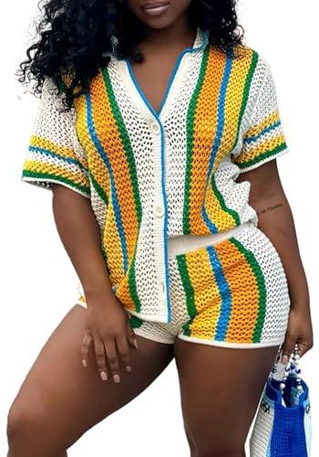 Symina Summer 2 Piece Short Sets For Women Crochet Short Sleeve Shirt and Shorts Matching Set Vacation, L