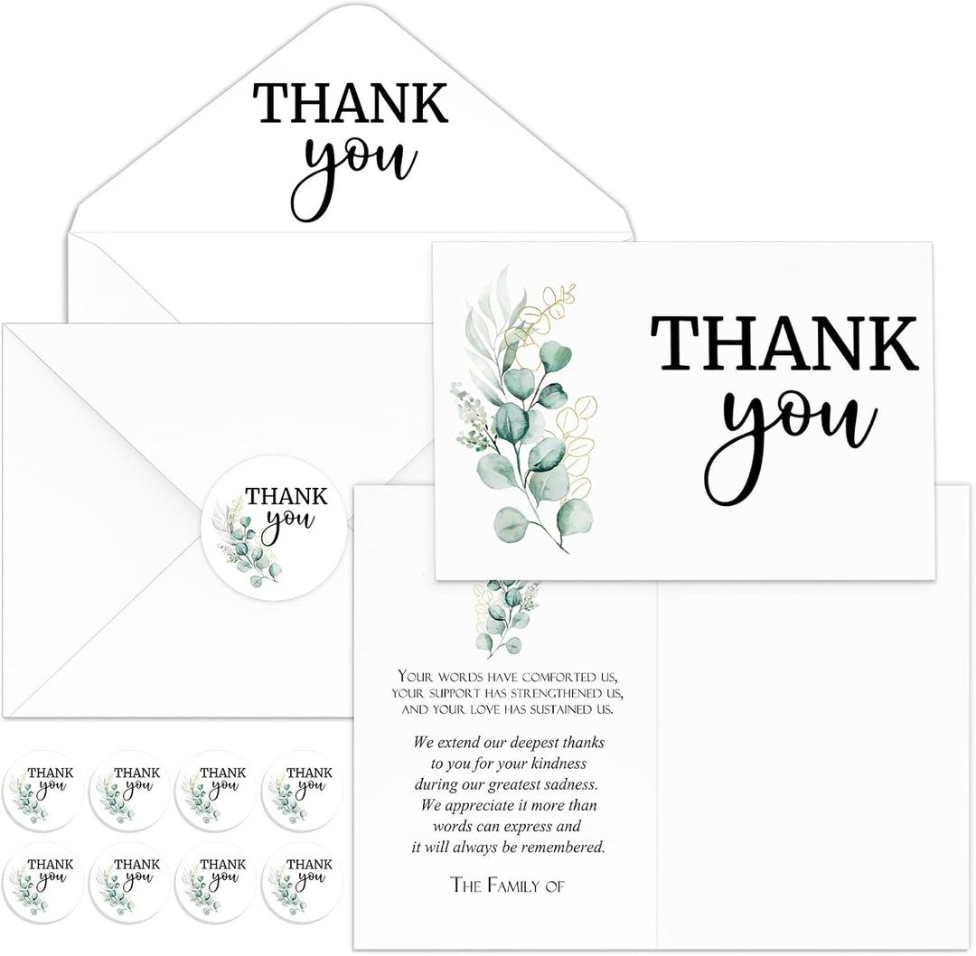 Fumete 50 Set Funeral Thank You Cards with Envelopes and Stickers Thank You Sympathy Cards with Meaningful Message Bereavement for Funeral Family Loved Ones Celebration of Life(Leaves)