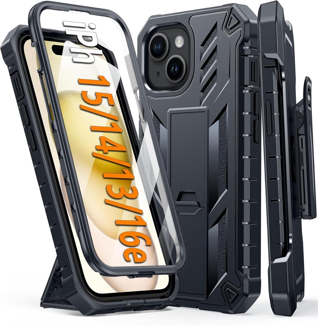 FNTCASE for iPhone 15 Phone Case: for iPhone 13 & 14 & 16e Case Military Grade Shockproof Protection Hard Phone case Dual Layer Matte Textured Drop Proof Rugged Protective Cover 6.1 Inch Black
