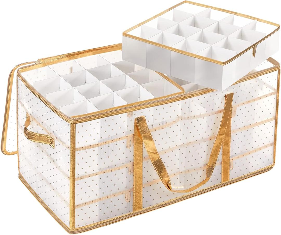 SONGMICS Large Christmas Ornament Storage Box, 3-Inch Balls, 8 Trays, 128 Slots, Plastic Christmas Storage Container with Lid, Dual Zippers, Side Handles, Sandy Gold URFB029A01