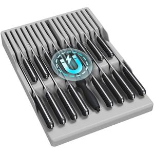 Lifewit Magnetic Drawer Knife Organizers Insert, Kitchen Plastic In Drawer Knife Block Slots, Steak Chefs Knives Holder Storage for 16 Knives and 1 Sharpening Steel, Extra Large, Gray, 16.5"/42 cm(W)