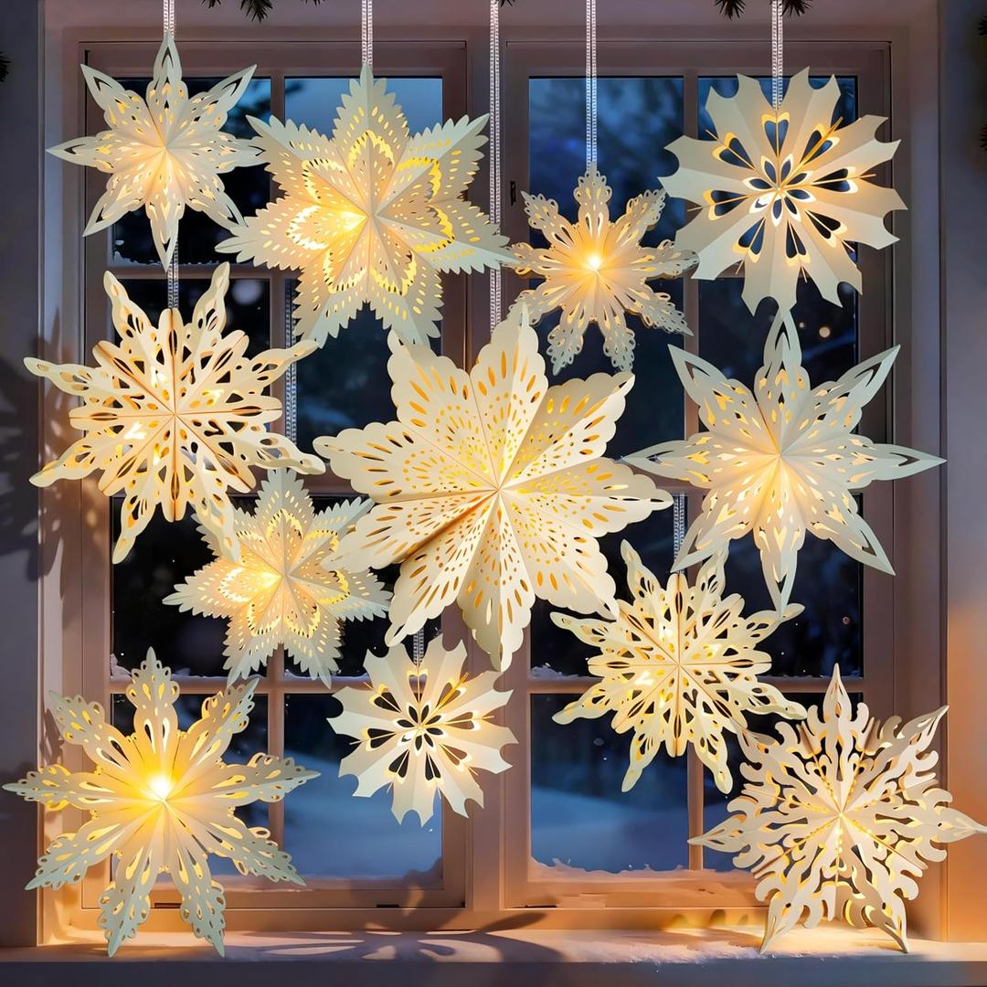OuMuaMua 18Pcs Christmas Paper Snowflake Lanterns, 3D Christmas Paper Star Lanterns with LED Lights, 10/12 Inch White Hanging Snowflake Lamps for Xmas Winter Frozen Weddings New Year Party Decorations