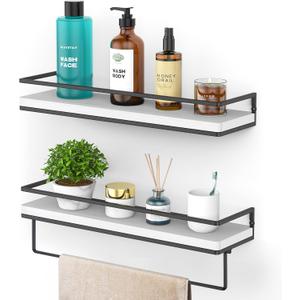 Meangood Floating Shelves Wall Mounted Set of 2, Wall Shelf with Towel Bar Rustic Wood Wall Storage Shelves for Bedroom,Living Room,Bathroom, Kitchen White (2+1 Pack)