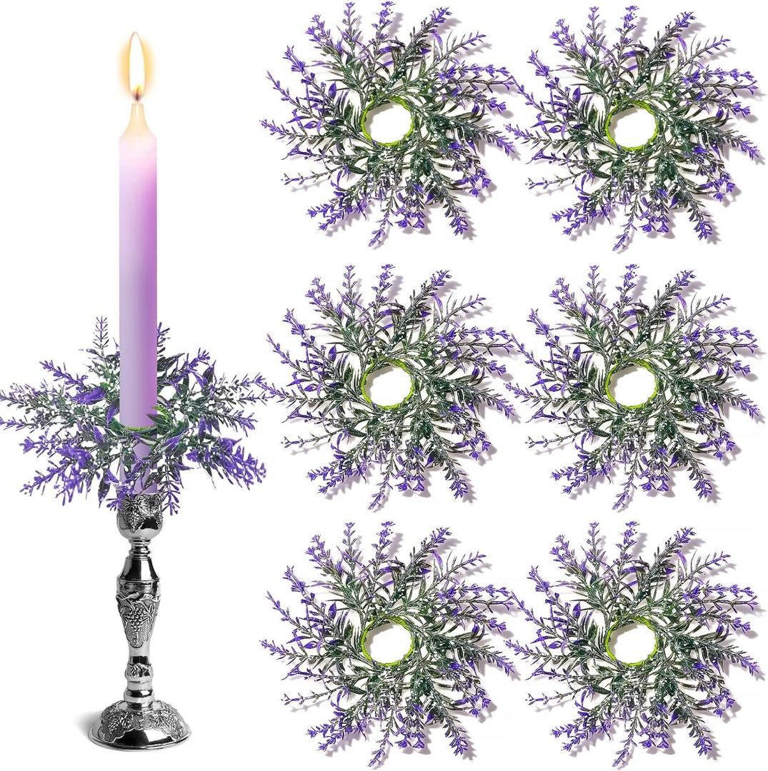 6 Pcs 1.38" Mini Spring Lavender Taper Candle Rings Wreaths Small Artificial Purple Lavender Taper Candle Holder Wreath for Farmhouse Home Candlesticks Table Centerpieces Decor