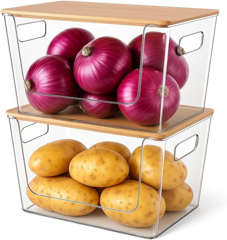 CiWiVOKi 2 Set Pantry Organizers and Storage - Clear Stackable Bins with Bamboo Lid for Fruit, Onion, Potato, Vegetable - Trash Bag Holder Dispenser Under Sink Organizer for 4-13 Gal Bags