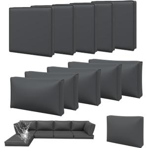 Aoxun 11pcs Patio Cushion Covers Replacement, Waterproof Outdoor Furniture Cushion Covers with Zipper and Non-Slip Bottom, Patio Sofa Couch 3 Sizes for Patio Sectional, Covers Only (Grey)