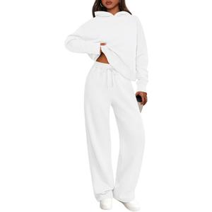 PRETTYGARDEN Women's 2 Piece Outfits Spring Sweatsuits Oversized Hoodies Wide Leg Sweatpants Tracksuits Lounge Matching Sets (White, L)