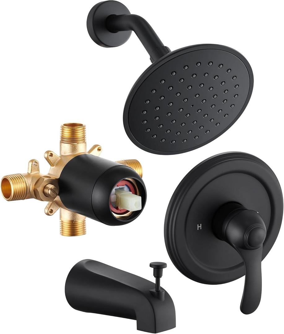 Black Tub Shower Faucet Set with (Valve Included) - 6 Inch Shower Head and Handle Set Matte Black, Tub and Shower Trim Kit with High-Pressure Rain Shower Head and Tub Spout