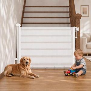 Cumbor 37-55" Retractable Baby Gates for Stairs & Doorways, Indoor Outdoor | Hardware Mounted Mesh Dog & Pet Gate, Easy Walk Through, One-Hand Operation, Anti-Crawl Adjustable Safety Gate for Dog, White