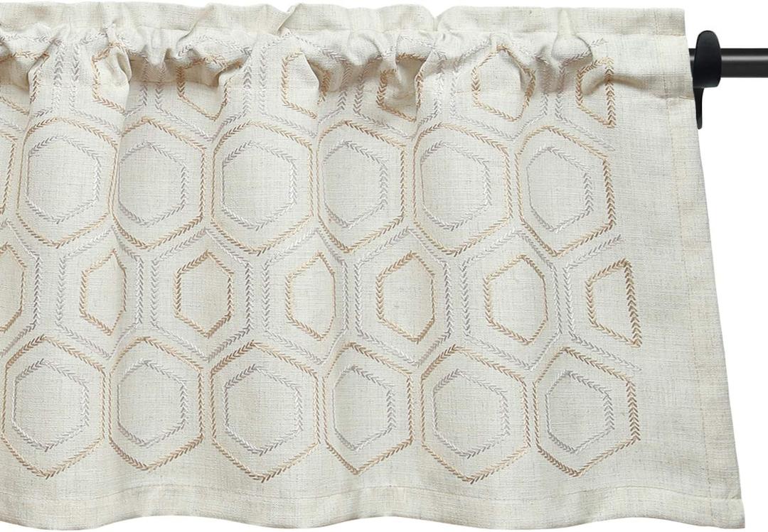 VOGOL Linen Valances for Windows, Geometric Trellis Pattern Window Toper for Living Dining Room Embroidered Valance 18 inch Long, Top Pocket, One Panel (W015)