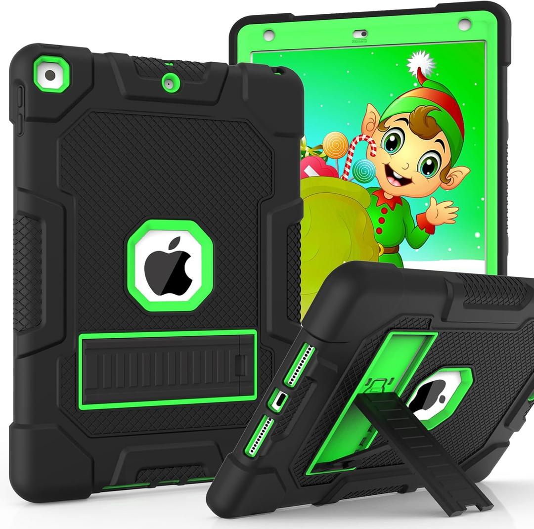 TIMISM iPad 9th Generation Case, iPad 8th/7th Generation Case, iPad 10.2 2021/2020/2019 Case with Kickstand, Heavy Duty Shockproof Hybrid Three Layer Protective Cover for Kids, Black+Green