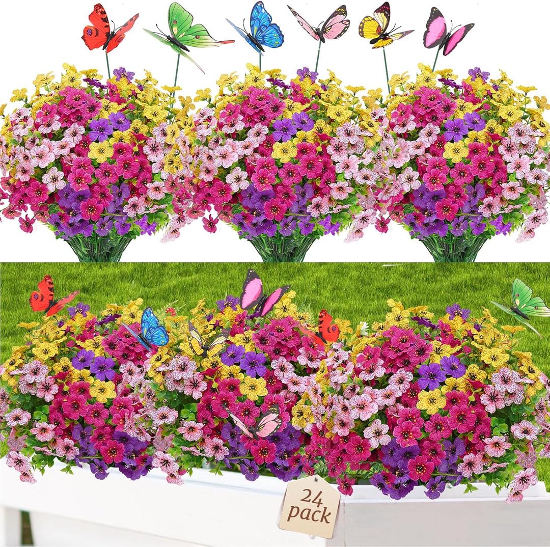 Yastouay 24 Bundles Artificial Flowers for Outdoors, UV Resistant Fake Outdoor Flowers No Fade Faux Outdoor Flowers Plants for Garden Porch Window Box Farmhouse Pot Planters Decor (Multi ColorB) (Fuchsia+Pink+Rose Red+Yellow)