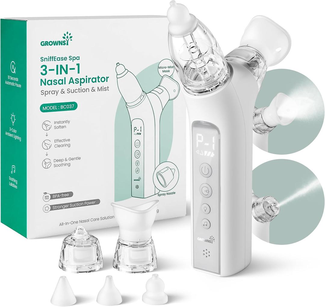 GROWNSY SniffEase Spa 3-in-1 Nasal Aspirator for Baby Spray, Suction & Mist, Hospital-Grade Powerful Electric Nose Suction with Soothing Light & Music, Larger Chamber (Grey)
