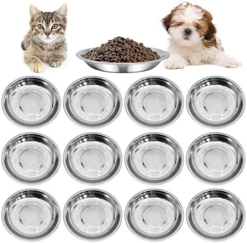 kathson Shallow Stainless Steel Cat Bowls 12 Pcs Whisker Fatigue Cat Dishes Flat Dog Feeding Saucers Pet Food and Water Plate Set for Kitten Puppy and Other Small Animals (7.00 Inch Dia)