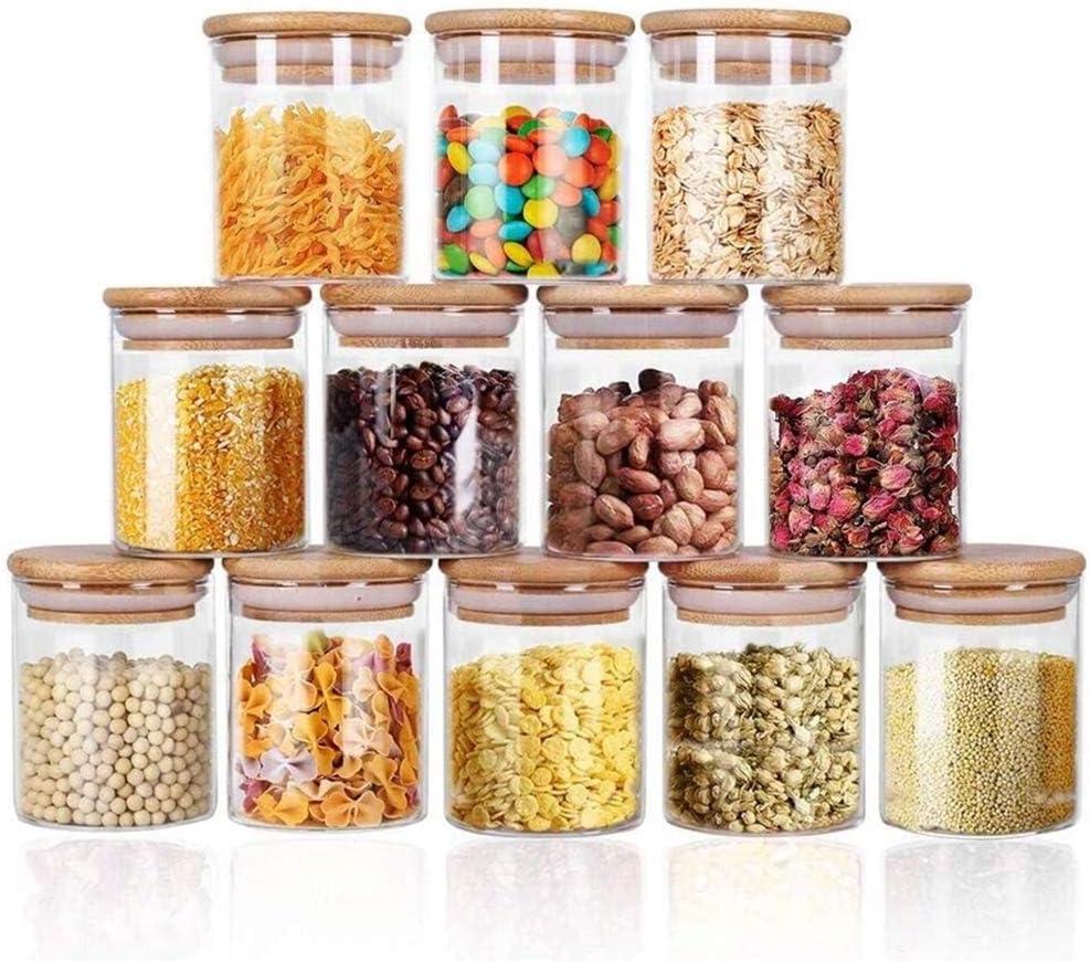 Yibaodan Glass Jars 9OZ, 12 Set with Bamboo Airtight Lids and Labels, Food Cereal Storage Large Spice Containers for Home Kitchen Tea Coffee Flour Herbs Grains