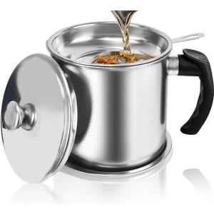 Bacon Grease Container with Strainer for Store Meat Frying Oil and Cooking Grease Storage (Silver, 1.3 L)