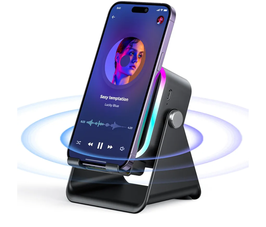 Induction Speaker with Phone Stand 5 in 1 Wireless Induction Bluetooth Audio for iPhone Android Phone Speakers Amplifier with Rechargeable Colorful Light, Birthday Gifts for Men Women Teens (Black)