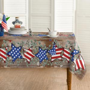 Horaldaily 4th of July Tablecloth 60×84 Inch Rectangular, Wood Color Patriotic Eucalyptus Star Independence Day Memorial Day Table Cover for Party Dinner Patio Garden Picnic