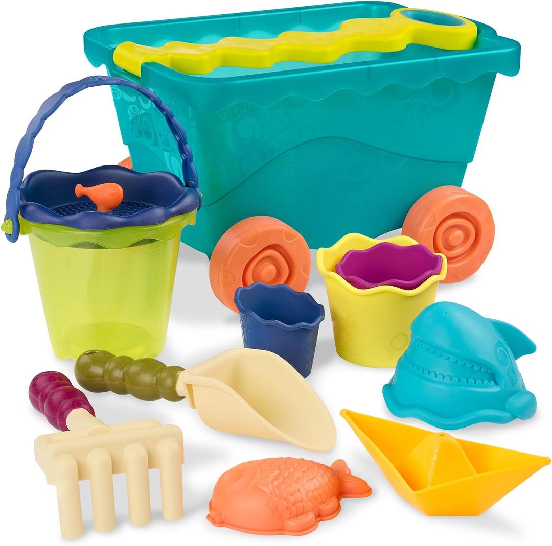 B. toys – Travel Beach Wavy – Wagon – Water Play & Sand Toy – with 11 Funky Sand Toys – 18+ Months, 9.5 x 14 x 8