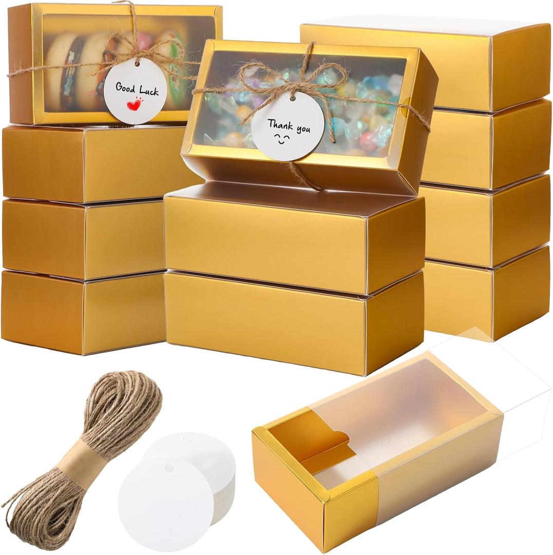 Roowest 50 Sets Kraft Gift Boxes Rectangle Kraft Paper Drawer Box with Window Homemade Soap Box with Blank Tags and Jute String for Jewelry Candy Wrapping Party Favor(Gold, 6.3 x 3.5 x 2 Inch)