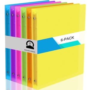 Fulmoon 6 Pack Plastic 3 Ring Binder Assorted Colors Economy Flexible Round Ring Presentation Binders with Pocket for Office School Meeting(1 Inch,Clear)