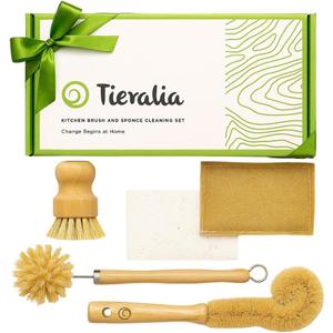 Tieralia Bamboo Dish Brush Gift Set 5-Piece Kitchen Cleaning Set with Bottle Brush, Round Scrub Brush, Palm Brush & 2 Plant-Based Sponges | Wooden Handle Cleaning Tools for Dishes & Surfaces