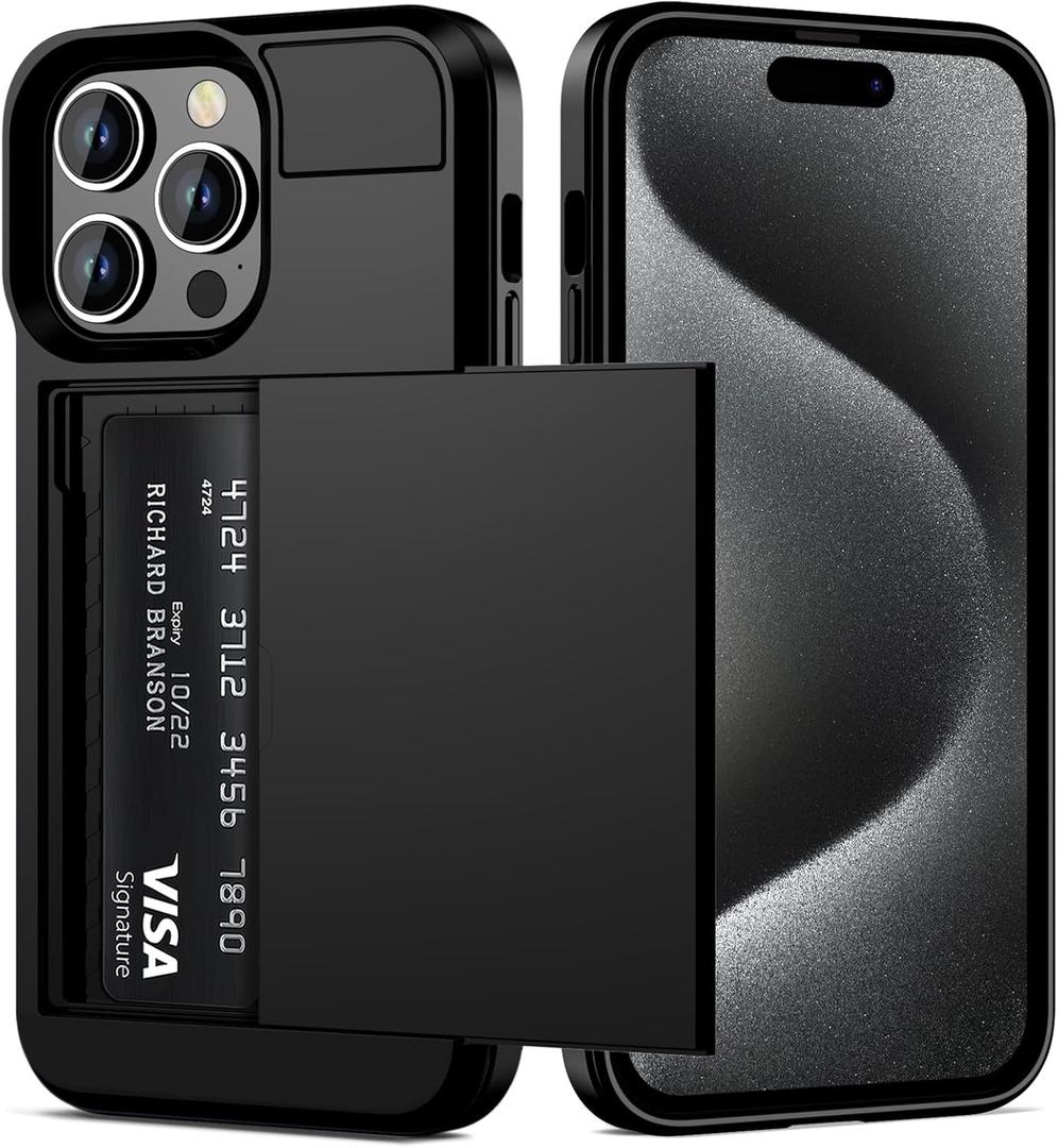 Vofolen Compatible with iPhone 15 Pro Case with Card Holder Dual Layer Shockproof Wallet Phone Case Hidden Card Slot Sliding Protective Hard Shell Back Cover Slim Case for iPhone 15 Pro 6.1 Inch Black