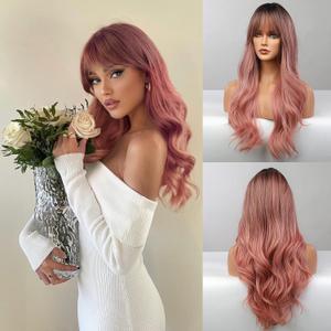 Honygebia Pink Wigs with Bangs - Long Ombre Pink Wigs for Women, Light Wavy Heat Resistant Hair Pink, Synthetic Dark Root Natural Looking - Best Wig for Halloween/Christmas/Cosplay/Party