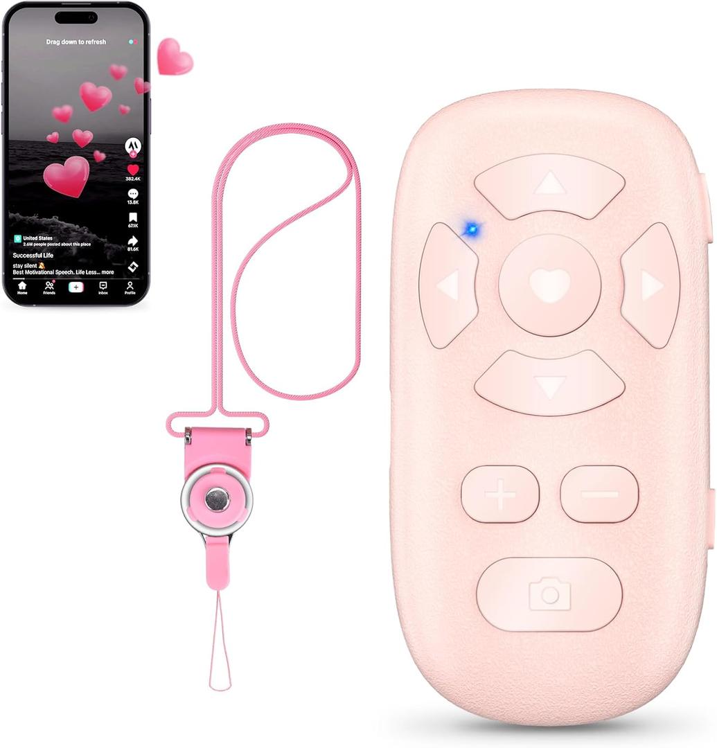 TikTok Scrolling Remote Control for iPhone and Android Smartphones, Bluetooth Page Turner for Kindle App, Camera Photo and Video Clicker for iPhone, and Samsung Neck Strap Included. (Pink)