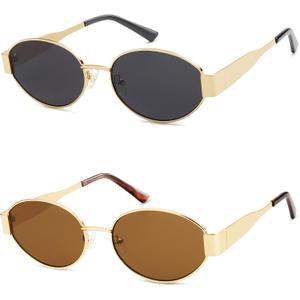 AMOMOMA Retro Oval Trendy Sunglasses for Women Designer 2024 Womens Sun Glasses Metal 90s AM6639 (Gold/Grey+gold/Brown)