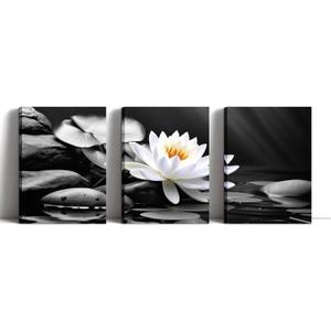Lotus Wall Art 3 Panels Zen Decor Black and White Picture SPA Stones Painting Water Lily Canvas Prints Flowers Posters for Bathroom Living Room Framed Artwork - 11"x14"x3P
