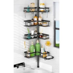 HAMITOR Shower Caddy Tension Pole: 4-Tier Corner Rustproof Bathroom Organizer with Soap Holder & Hooks - No-Drill Adjustable Shower Shelf for Renters - Family Stand Storage Rack - 47-123 Inch Black