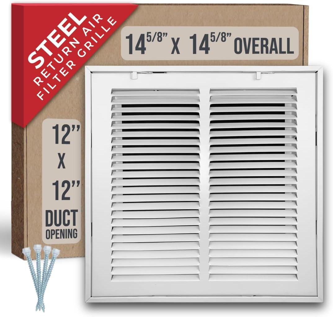 Fits 12x12 Duct Opening | Steel Return Air Filter Grille by Handua [Removable Door] for 1-inch Filters | Vent Cover Grill | White | HVAC Cold Air Intake Grille | Out Dim: 14 5/8"W X 14 5/8"H