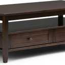SIMPLIHOME Warm Shaker Coffee Table - 48 inch Wide Solid Wood Coffee Table in Tobacco Brown, Transitional Living Room Table with 2 Drawers, Open Shelf, Shaker Fronts and Tapered Legs
