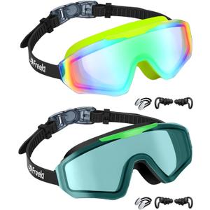 Freela 2 Pack Kids Swim Goggles for 8-16, Anti-Fog UV Protection Extra Silicone Layer Swimming Goggles for Youth Boys Girls (Green-blackblack)