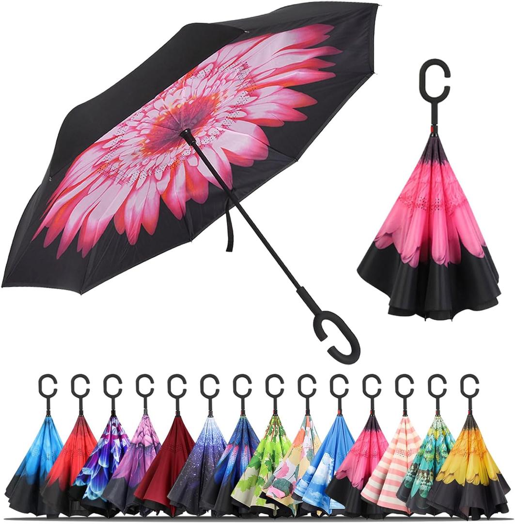 LLanxiry Windproof Inverted Umbrella, Large Reverse Umbrellas for Rain with C-shaped Handle Big Upside Down Inside Out Umbrella for Women & Men (pink daisy)