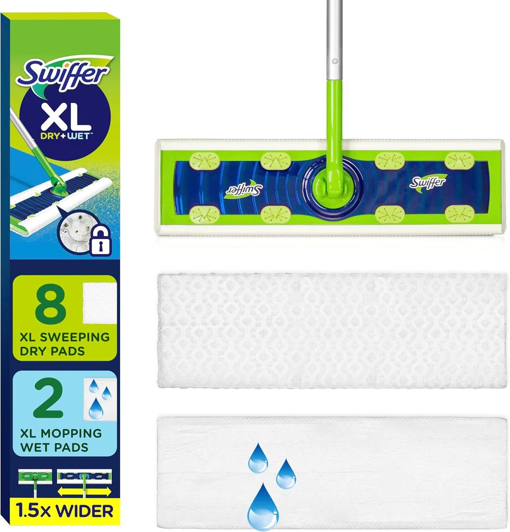 Swiffer Sweep + Mop XL, Broom & Mop Alternative, Floor Cleaner for Dirt, Dust, Hair, All Purpose Cleaning Tool for Home, Bathroom, Kitchen, Set Includes 1 XL Sweeper 8 XL Dry Pads 2 XL Wet Pads Fresh