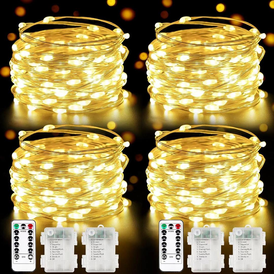 4 Pack 100 LED Fairy Lights Battery Operated with Remote, 33FT Waterproof Twinkle Lights with Timer & 8 Modes, Fairy String Light Outdoor Indoor for Bedroom Classroom DIY Christmas Decor (Warm White)