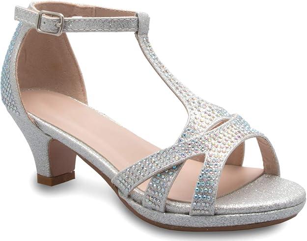 Olivia K Girl's Glitter Leatherette Open Toe Strappy Ankle T Strap Kitten Heel Sandal (Toddler/Little Girl) (2 Big Kid, Silver Rhinestone)