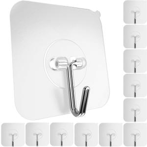 GLUIT Adhesive Wall Hooks for Hanging Heavy Duty 22 lbs Hooks for Walls No Damage, Towel Sticky Clear Hooks, Waterproof, Home, Bathroom, Kitchen, Office, and Outdoor 12 Pack (12 Medium Hooks)