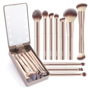 MAANGE Makeup Brush Set 10 Pcs Travel Makeup Brushes Double-ended Kabuki Brush for Foundation Powder Concealers Eye Shadows Makeup Tools Set with LED Light Mirror (Gold)