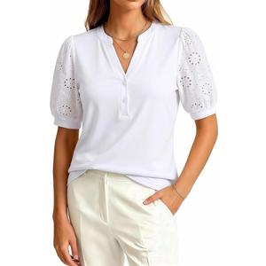 Women Tops Henley V Neck Button Up Shirt Embroidered Short Sleeve Blouses Dressy Casual Clothes Summer Outfits, 2XL