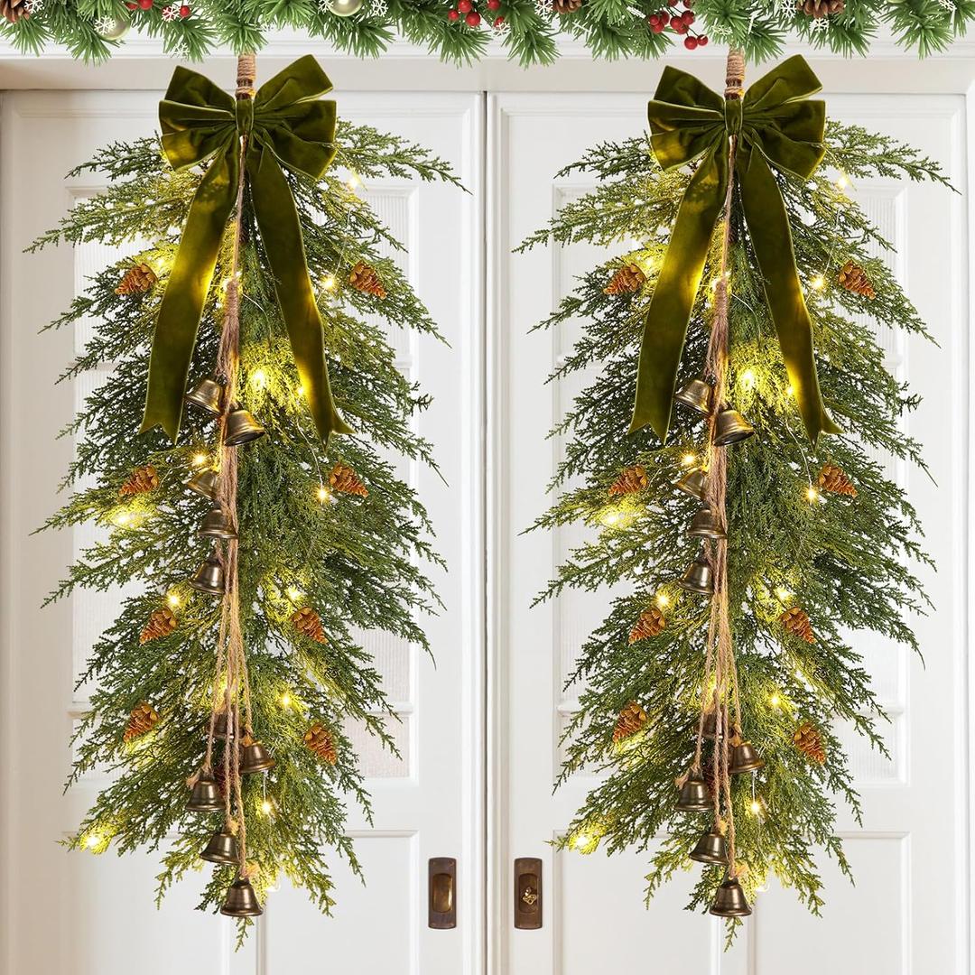 Hungdao 2 Pack 36" Large Christmas Teardrop Swag with Lights Velvet Bell Bow and Faux Pine Cones Rustic Christmas Artificial Greenery Cedar Swag Wreath for Xmas Farmhouse Home Wall Decor(Green)