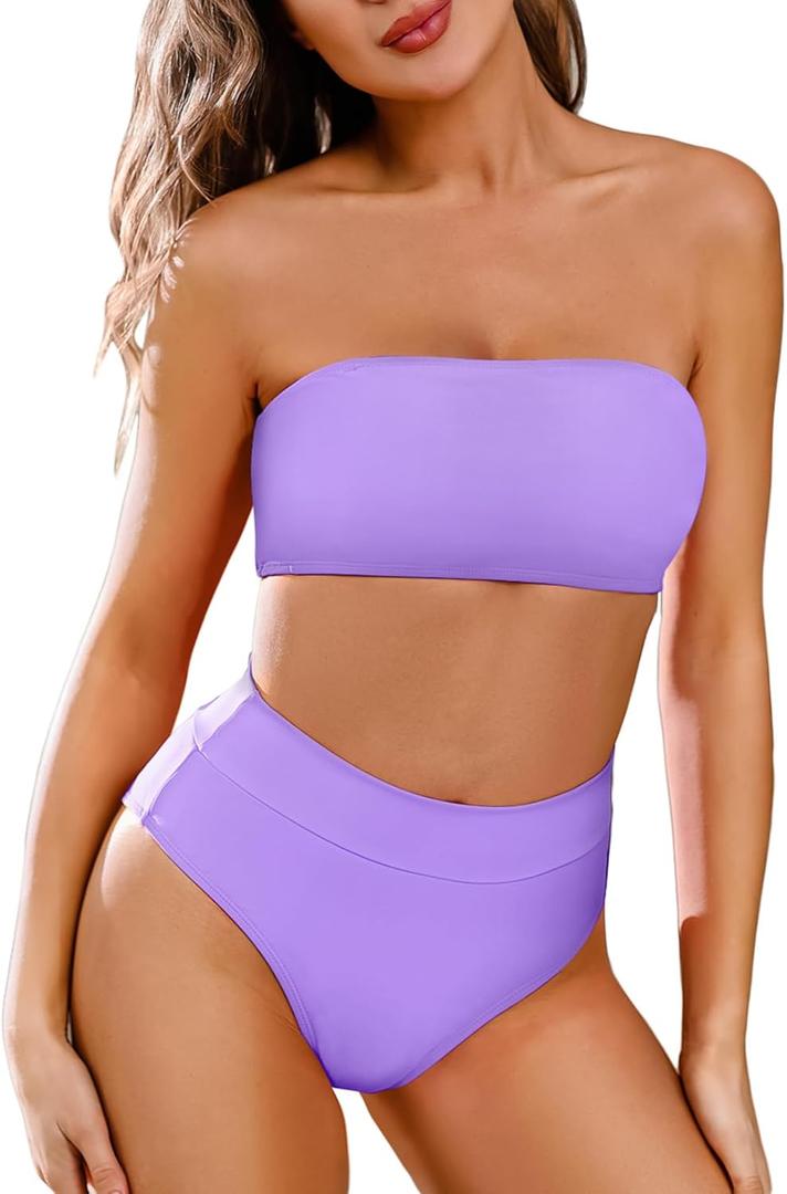 Pink Queen Women's Removable Strap Wrap Pad Cheeky High Waist Bikini Set Swimsuit (Medium, 01 - Purple)