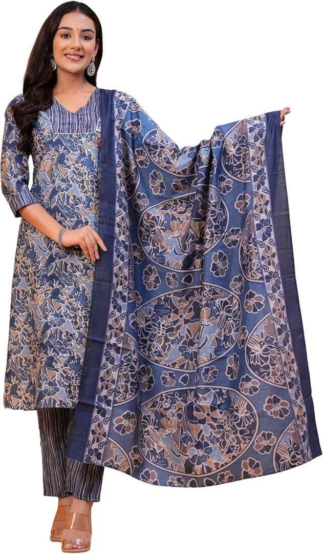 Women Chanderi Cotton Kurta Pant Set with Dupatta | 3-Piece Indian Ethnic Outfit | Elegant Floral Print (Medium, Blue)