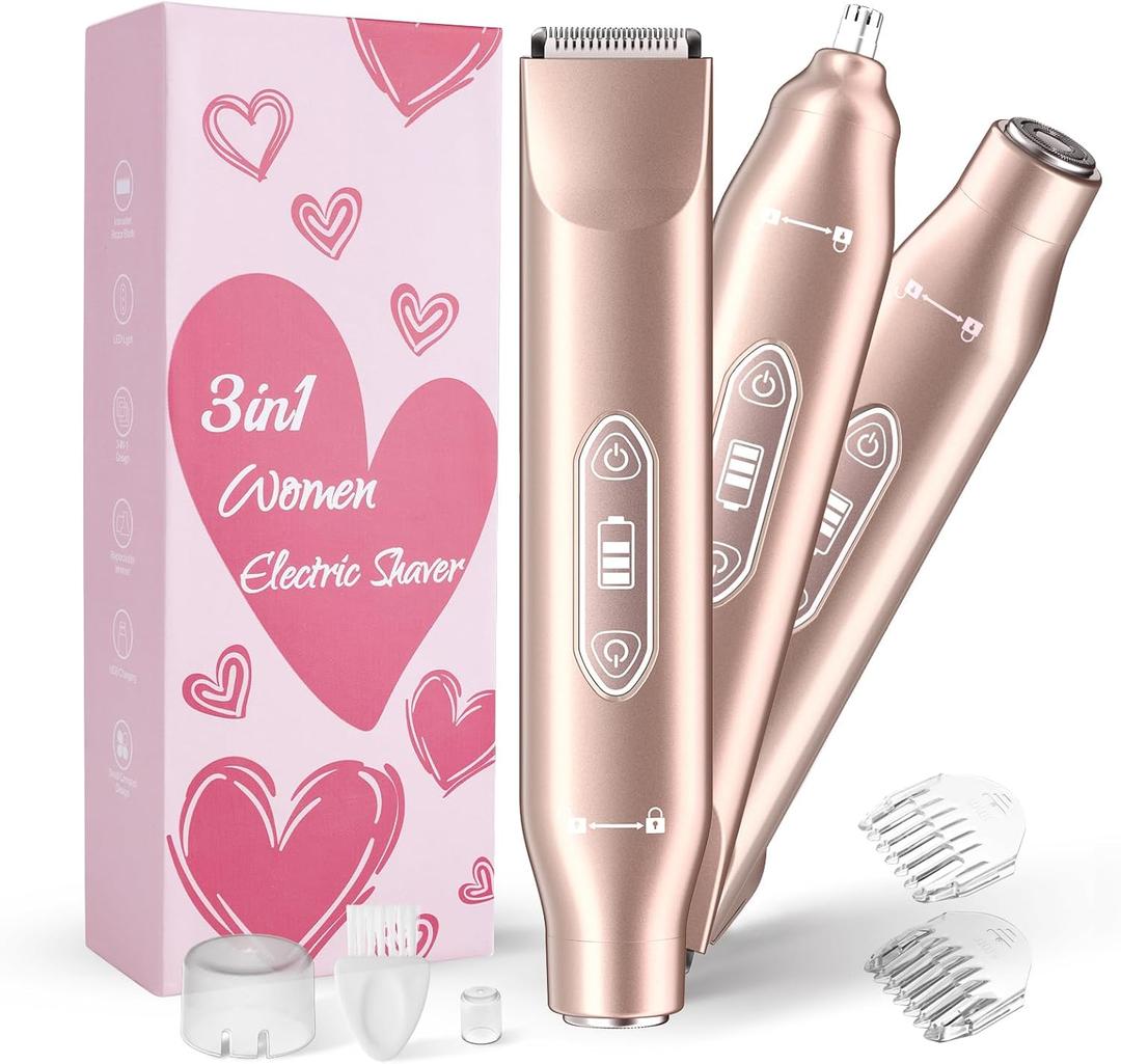 Bikini Trimmer for Women3 in 1 Electric Razor with Ceramic Blades, IPX7 Waterproof, USB Rechargeable, Painless Hair Removal for FaceBodyBikini Area, Travel Grooming Kit (Rose Gold)