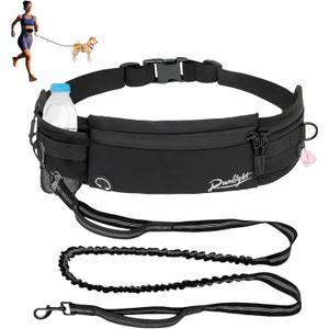 Hands Free Dog Leash, Waist Running Leash with Zipper,Dual Padded Handles and Durable Bungee Walking Pouch for Medium Small Dogs for Training Jogging Hiking Black (B Black)