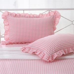 2 Pack Coral Pink Plaid Ruffle Gingham King Size Pillow Shams 20x36 inches, Washed Cotton Checkered Cottage Coquette Girls Pillow Covers for Bed/Sofa (20x36 inches, Coral Pink/White Plaid)