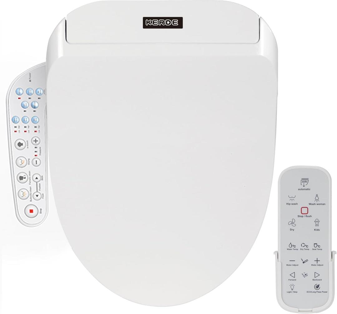 KERDE P30B Bidet Toilet Seat - Dual Control (Side Panel & Remote), Warm Water Wash, Heated Seat, Warm Air Dryer, LED Night Light,Existing Toilets Electric Bidet Elongated Electronic Heated Smart