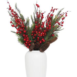 6 pcs Christmas Norfolk Pine Branches with Red Berries and Pinecones, 21.6" Fake Greenery Picks and Sprays, Long Christmas Stems for Vases Decorative Holiday Floral Picks for Home Party Decoration
